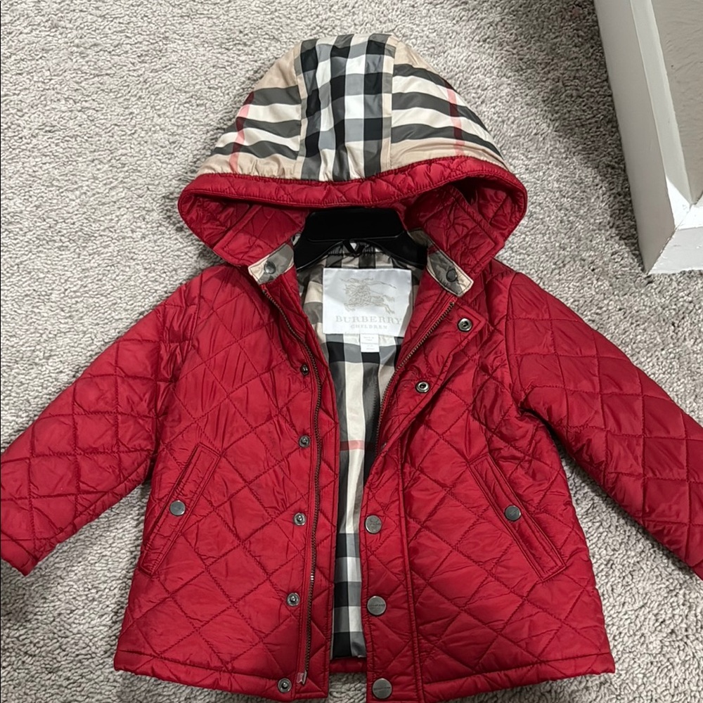Burberry Red Puffer Jacket with Striped Hood